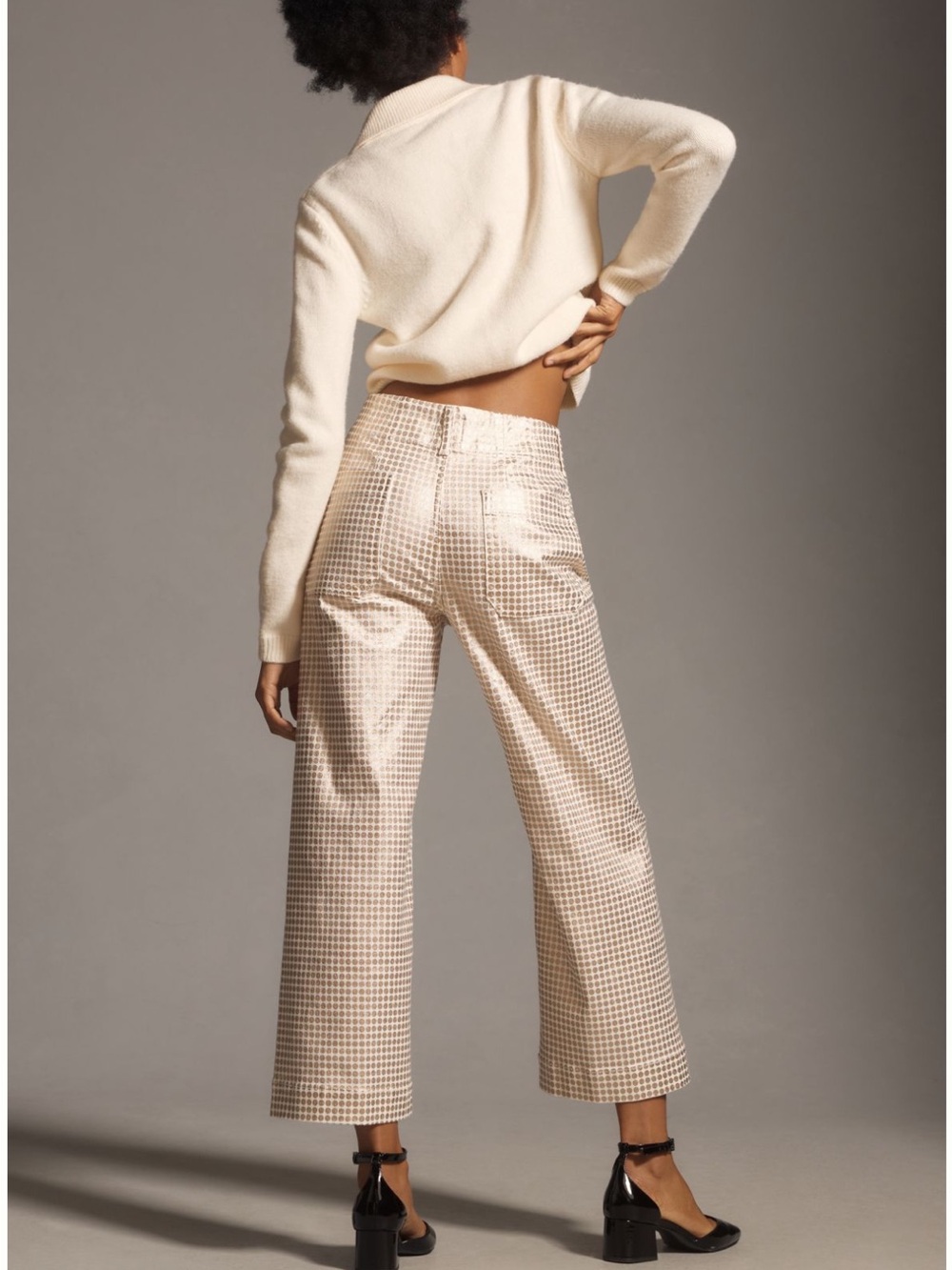 Anthropologie Maeve Colette High-Rise Wide-Leg
Cropped Jeans w/ gold polkadots